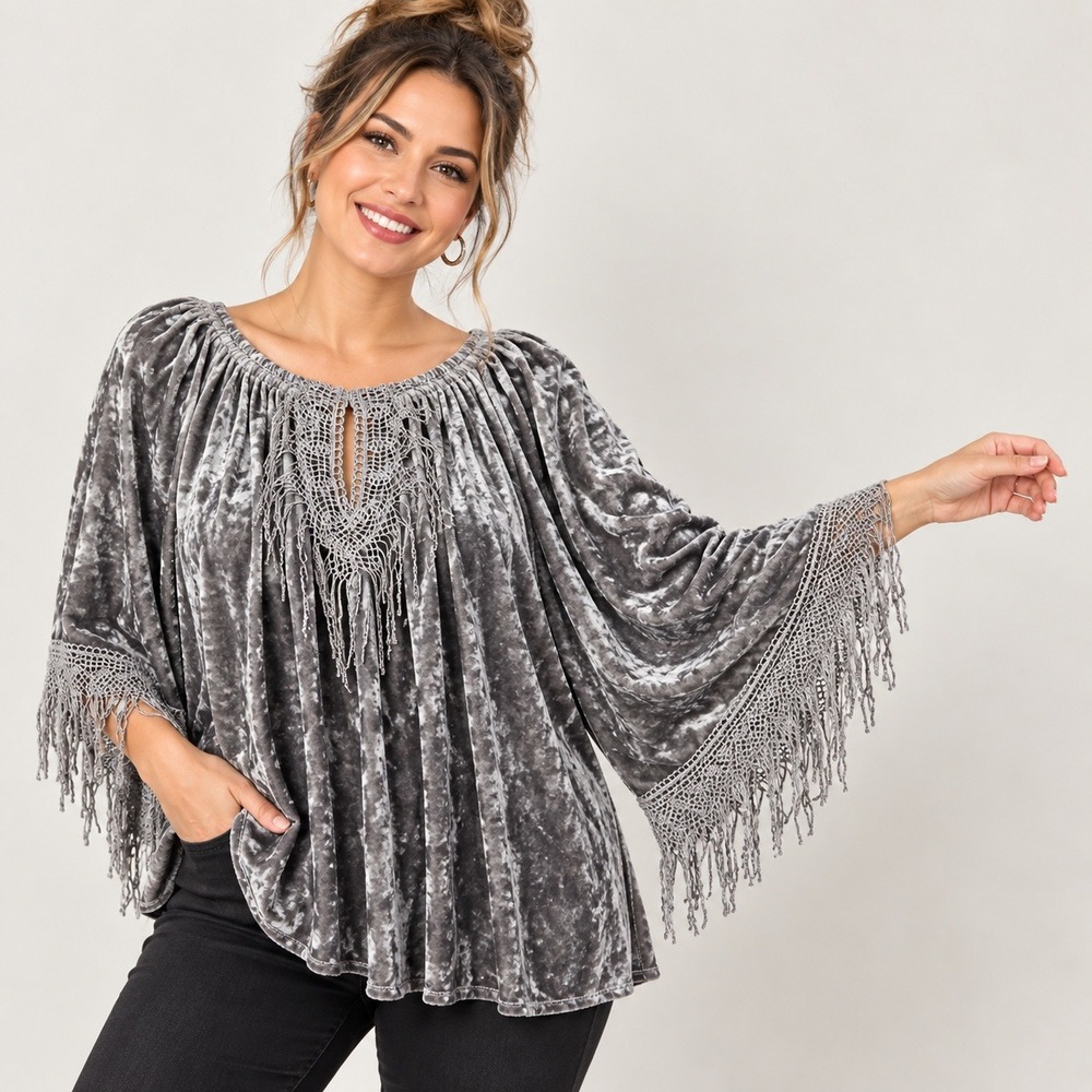 Melissa Paige Crushed Velvet Top L Crochet Fringe Bell Sleeve Boho Festival 70s